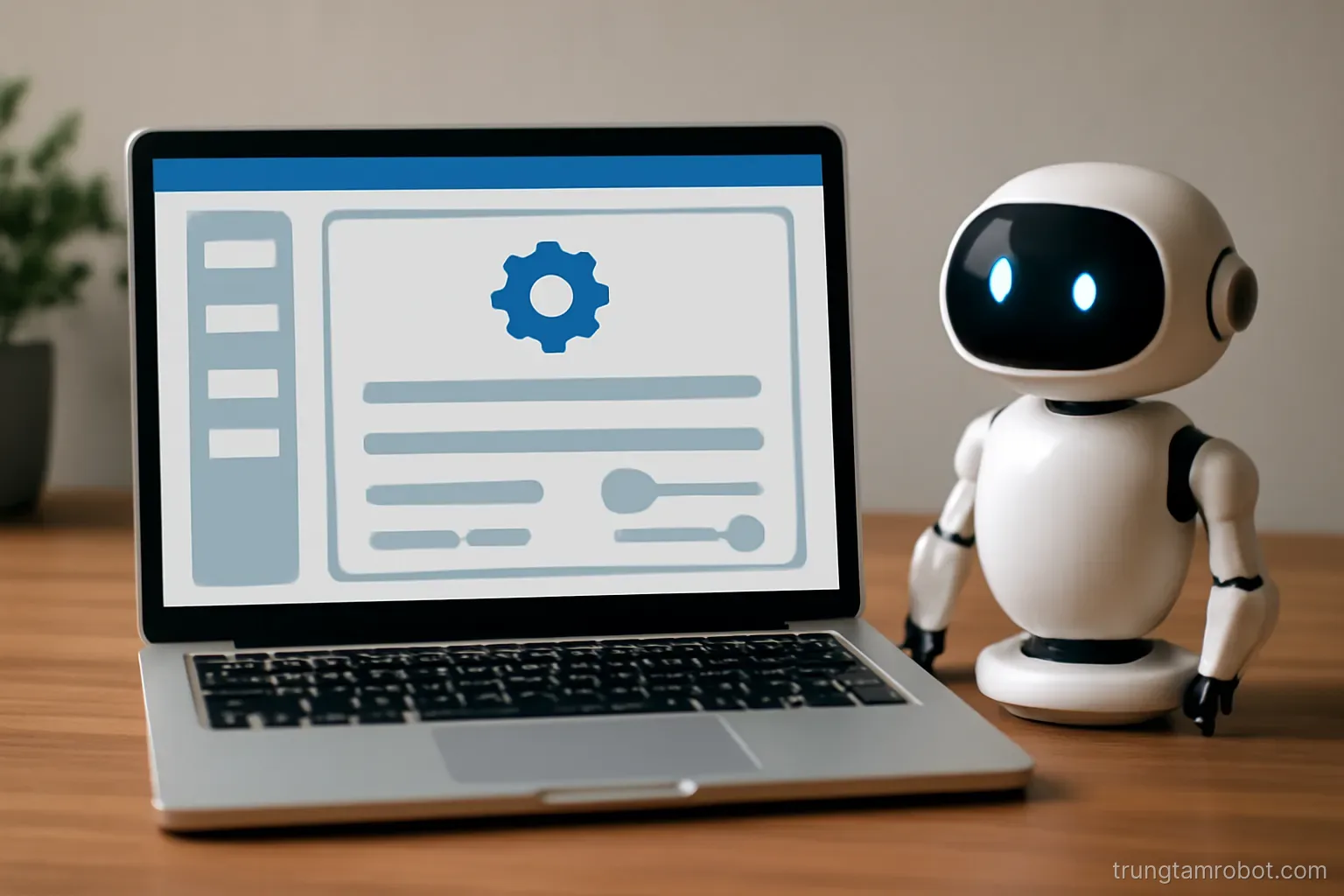 Màn hình máy tính hiển thị giao diện cấu hình bên cạnh một robot