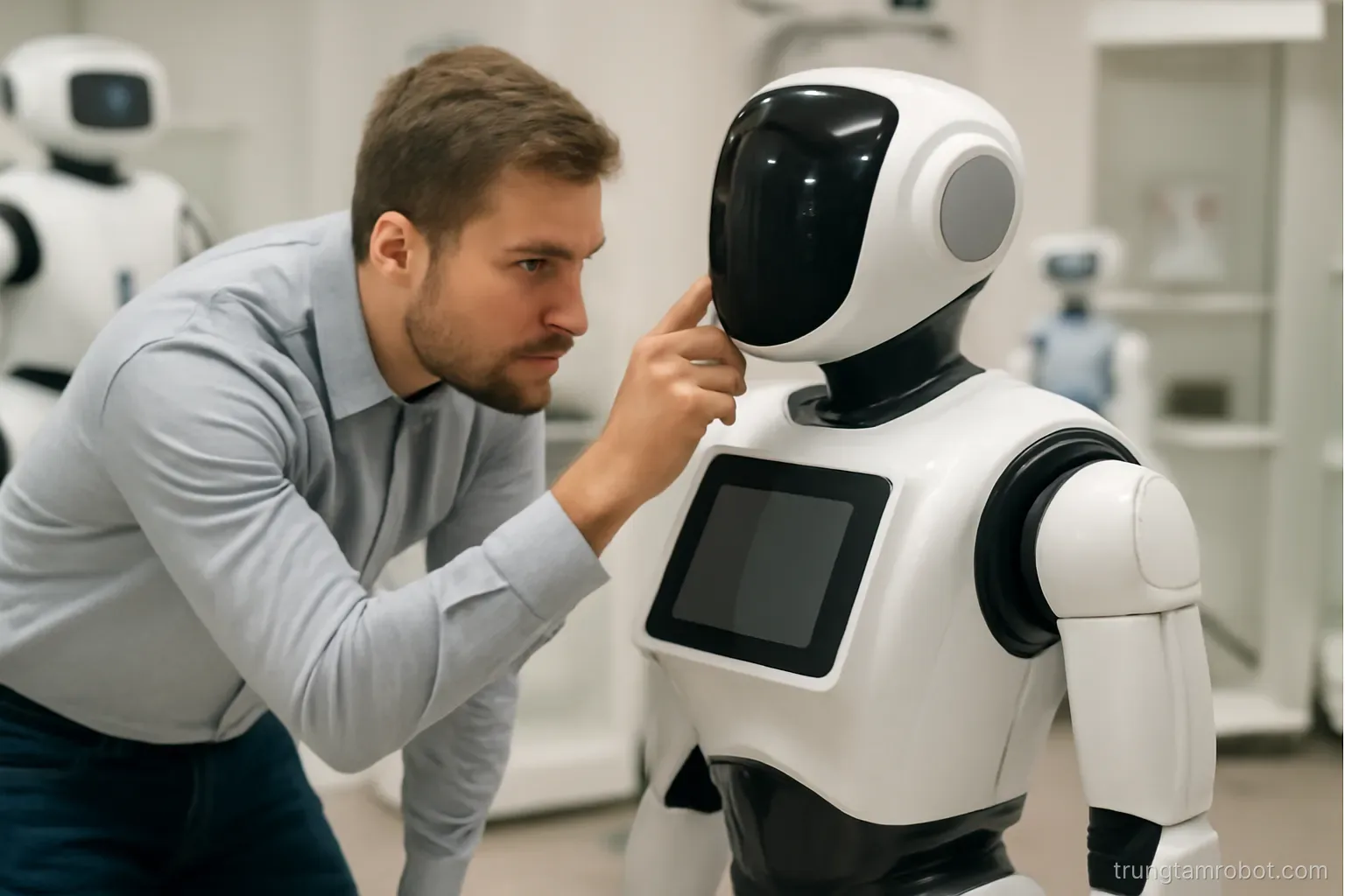 Người đang kiểm tra một robot dịch vụ trong phòng trưng bày
