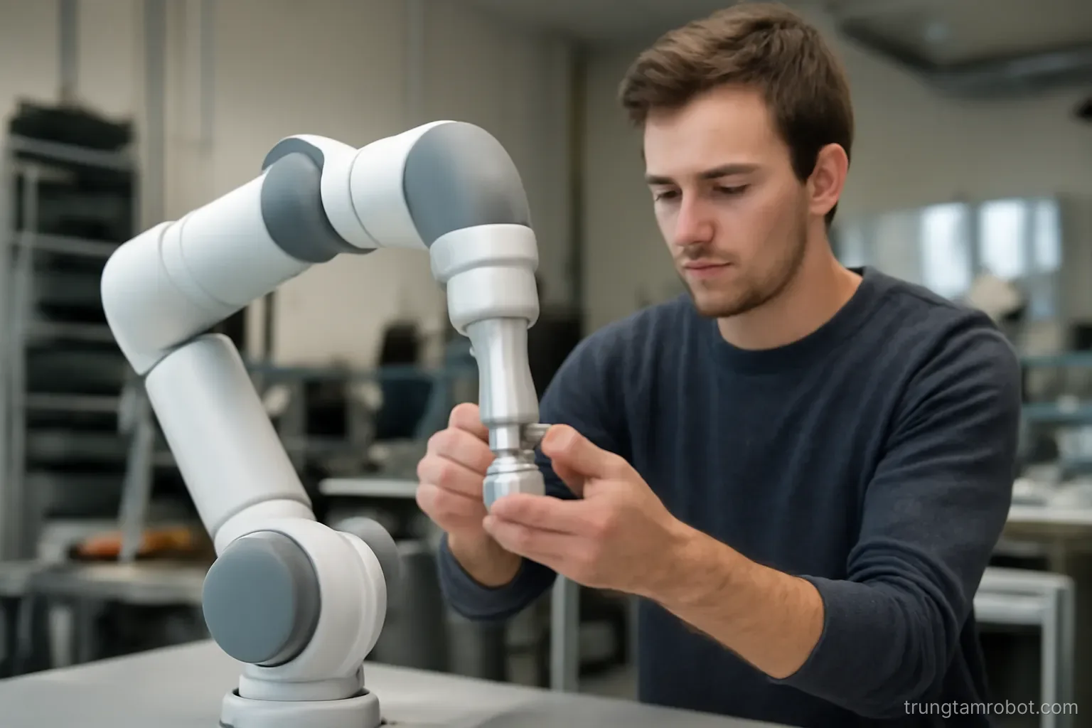 Người đang cầm tay robot hướng dẫn một thao tác