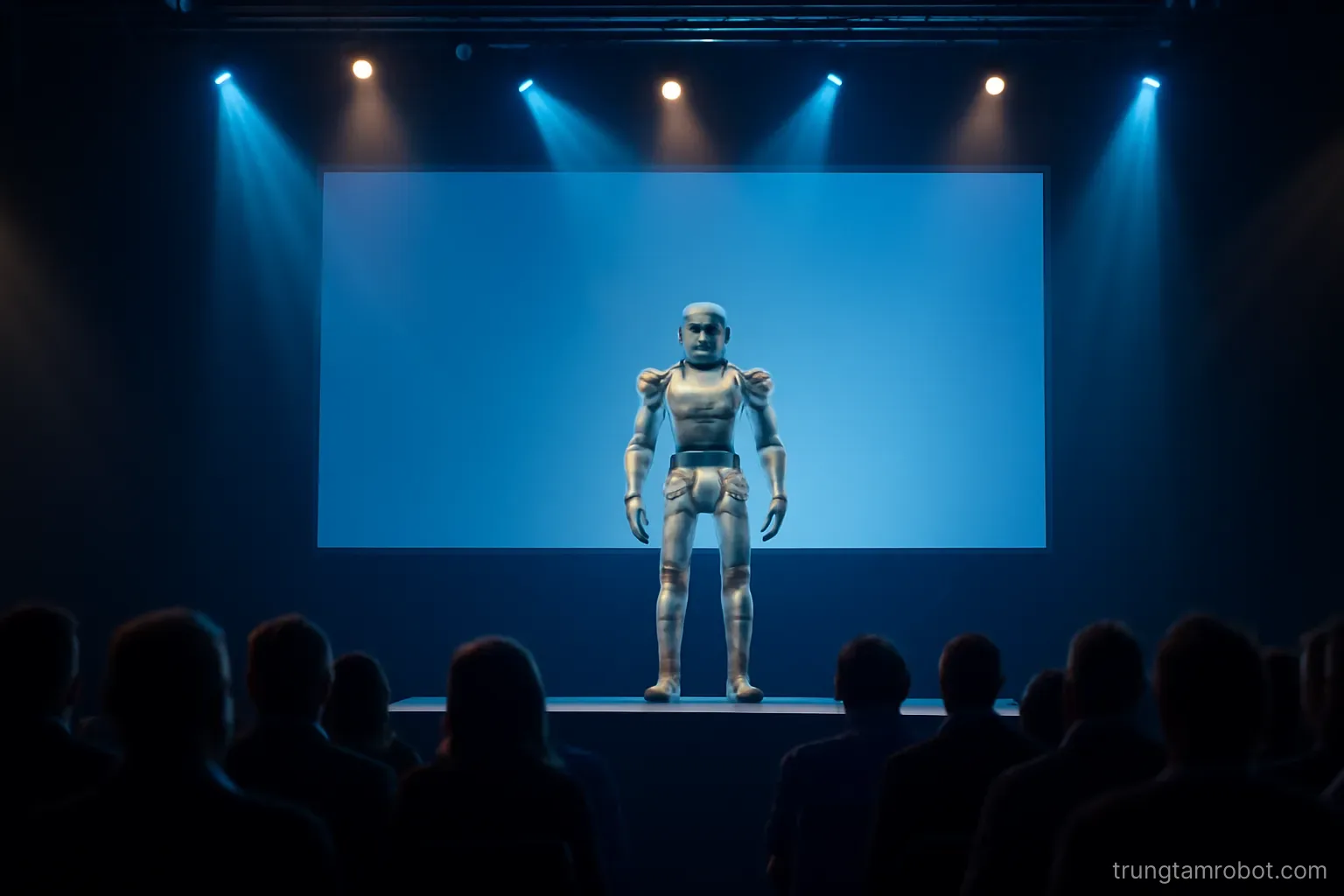 Robot đang được giới thiệu trên sân khấu có màn hình lớn