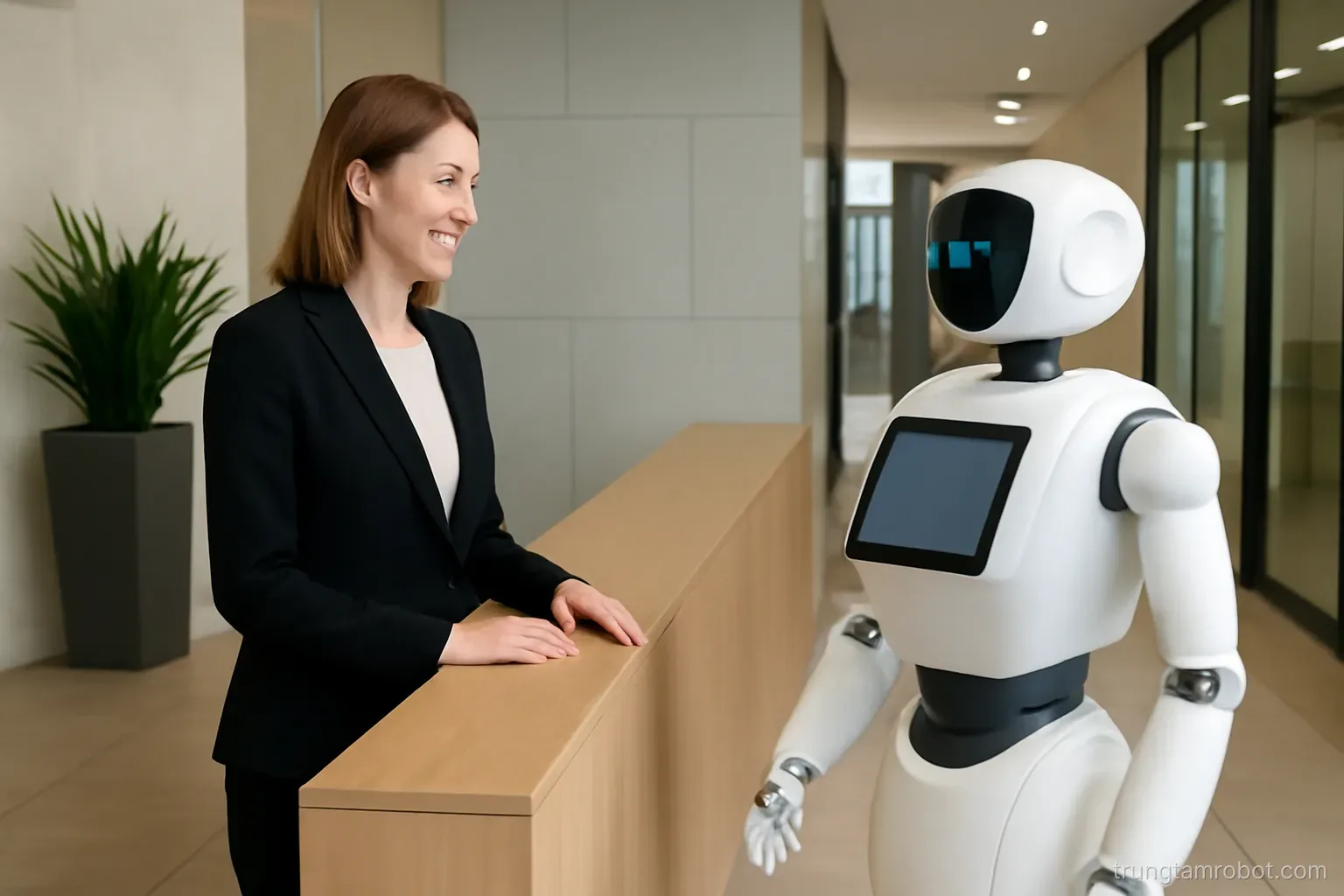 Nhân viên và robot cùng làm việc tại khu vực tiếp khách