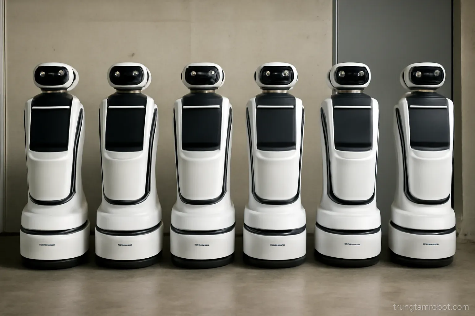Nhiều robot dịch vụ đặt cạnh nhau trong khu vực chờ