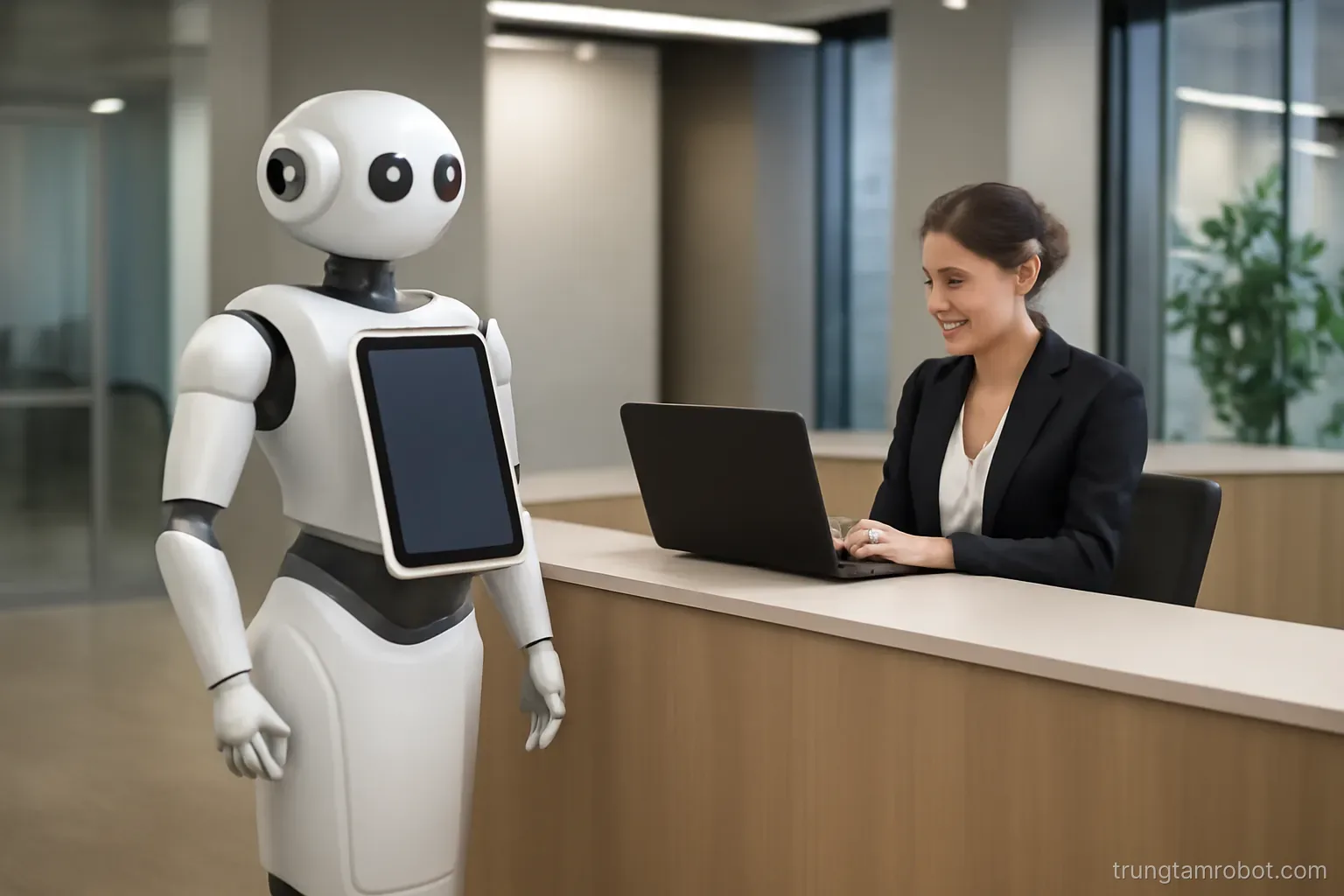 Robot dịch vụ đứng cạnh quầy tiếp tân có nhân viên