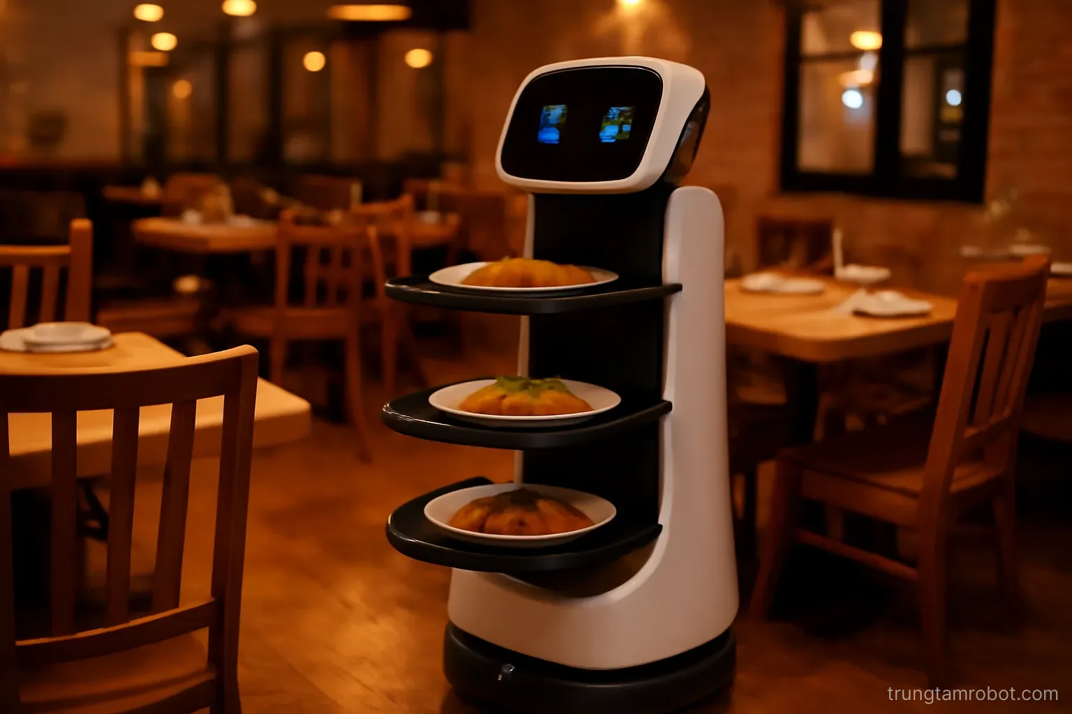 Robot chở khay thức ăn đi giữa các bàn trong nhà hàng