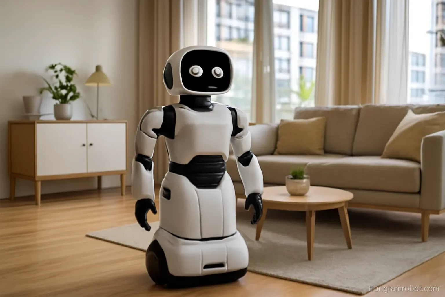 Robot nhỏ đứng trong phòng khách của căn hộ mẫu