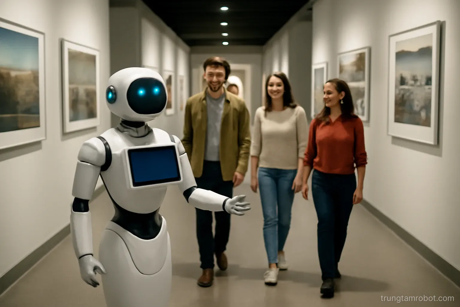 Robot dẫn một nhóm khách đi trong hành lang trưng bày