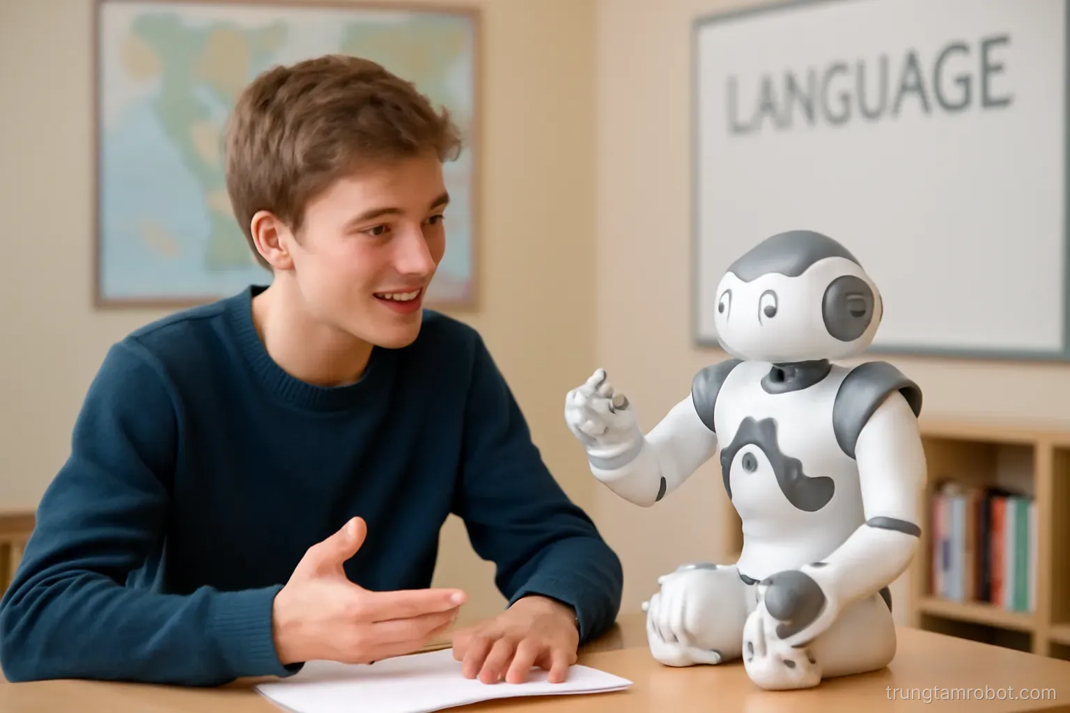 Học sinh nói chuyện với một robot nhỏ trên bàn học