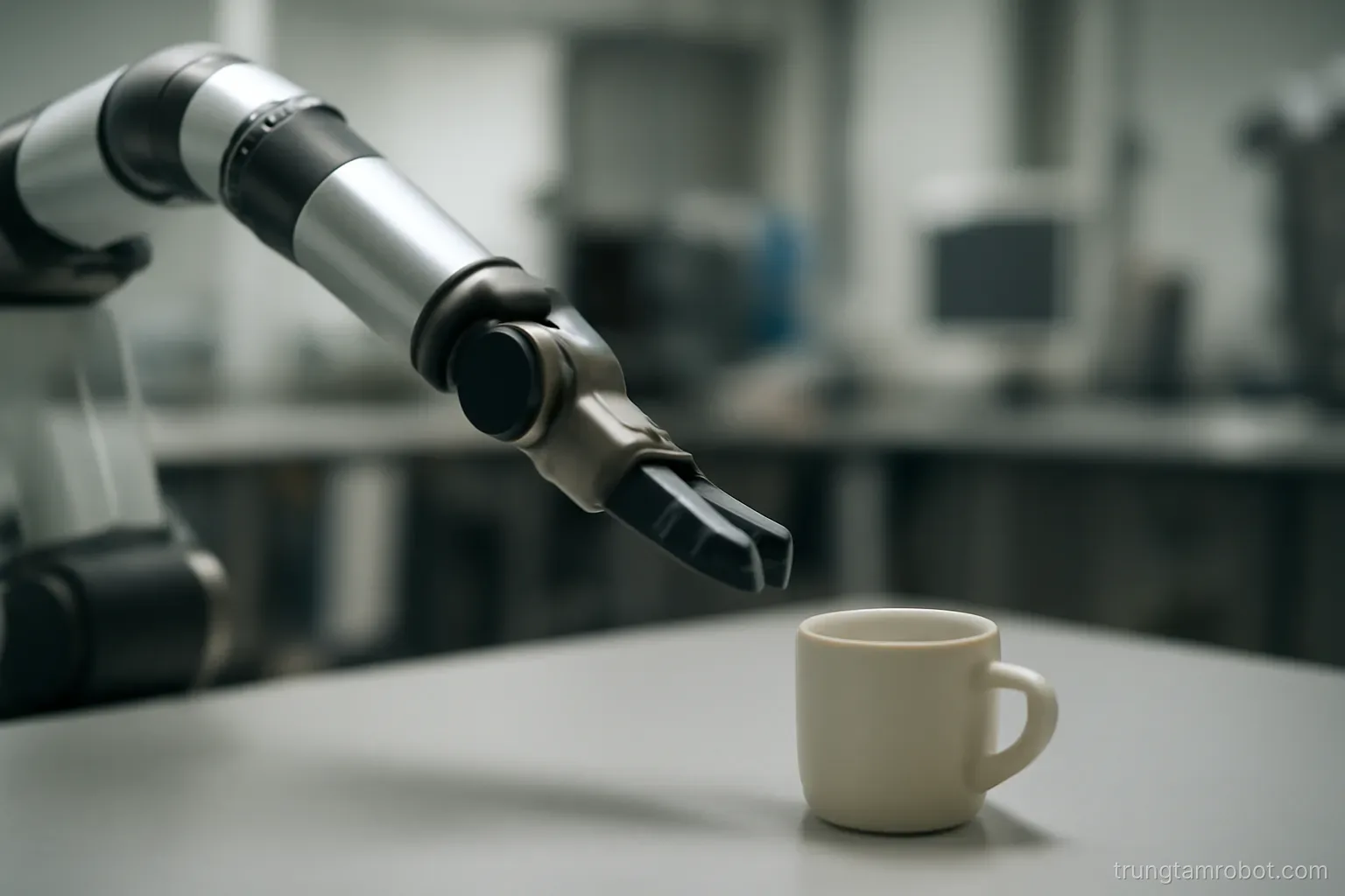 Cánh tay robot đang với tới một vật trên bàn