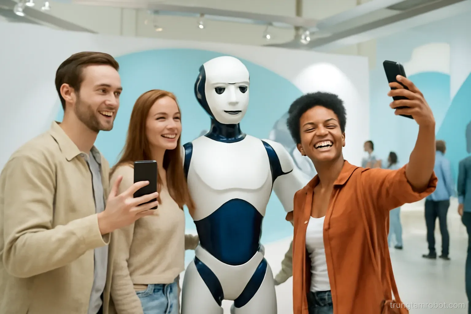 Khách chụp ảnh cùng robot trong không gian trưng bày