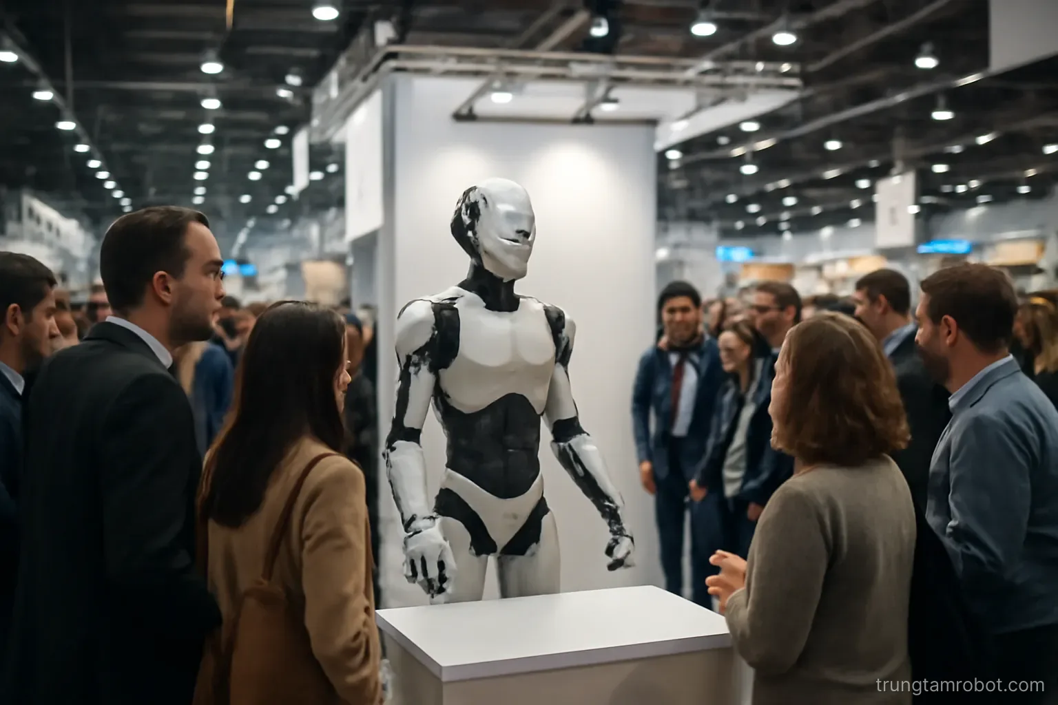 Robot đứng tại gian hàng triển lãm có nhiều khách tham quan