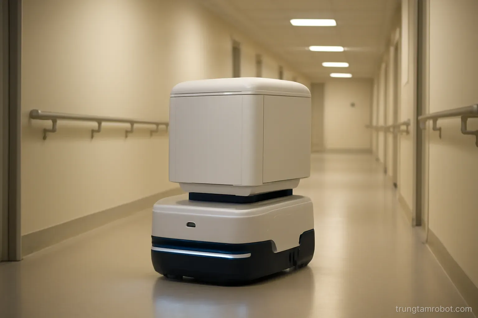 Robot vận chuyển đi trong hành lang bệnh viện