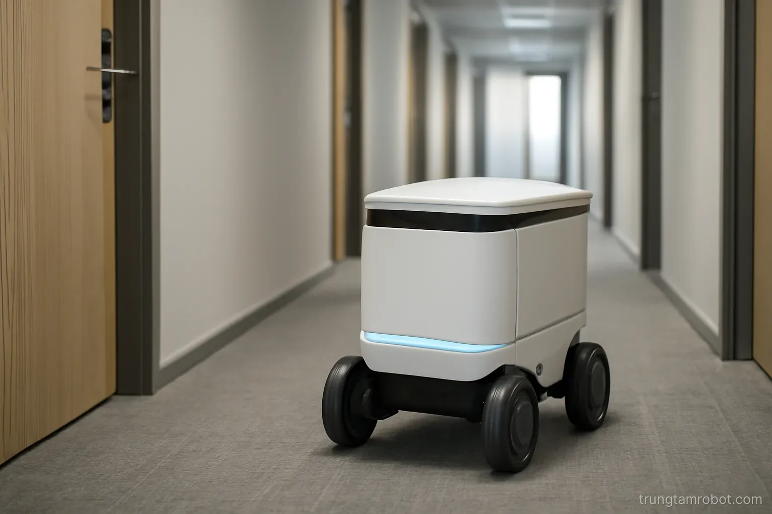 Robot di động đi trong hành lang văn phòng