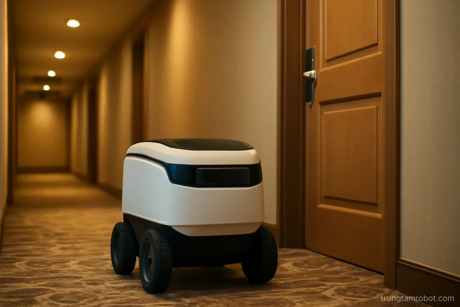 Robot giao hàng đứng trước cửa phòng khách sạn