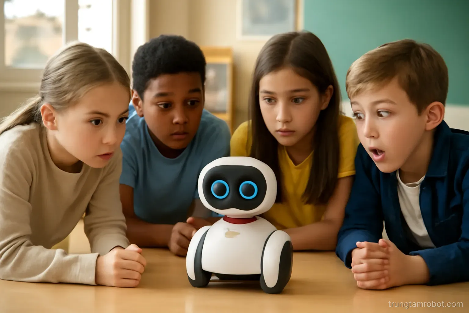 Học sinh ngồi quanh một robot nhỏ trong lớp học