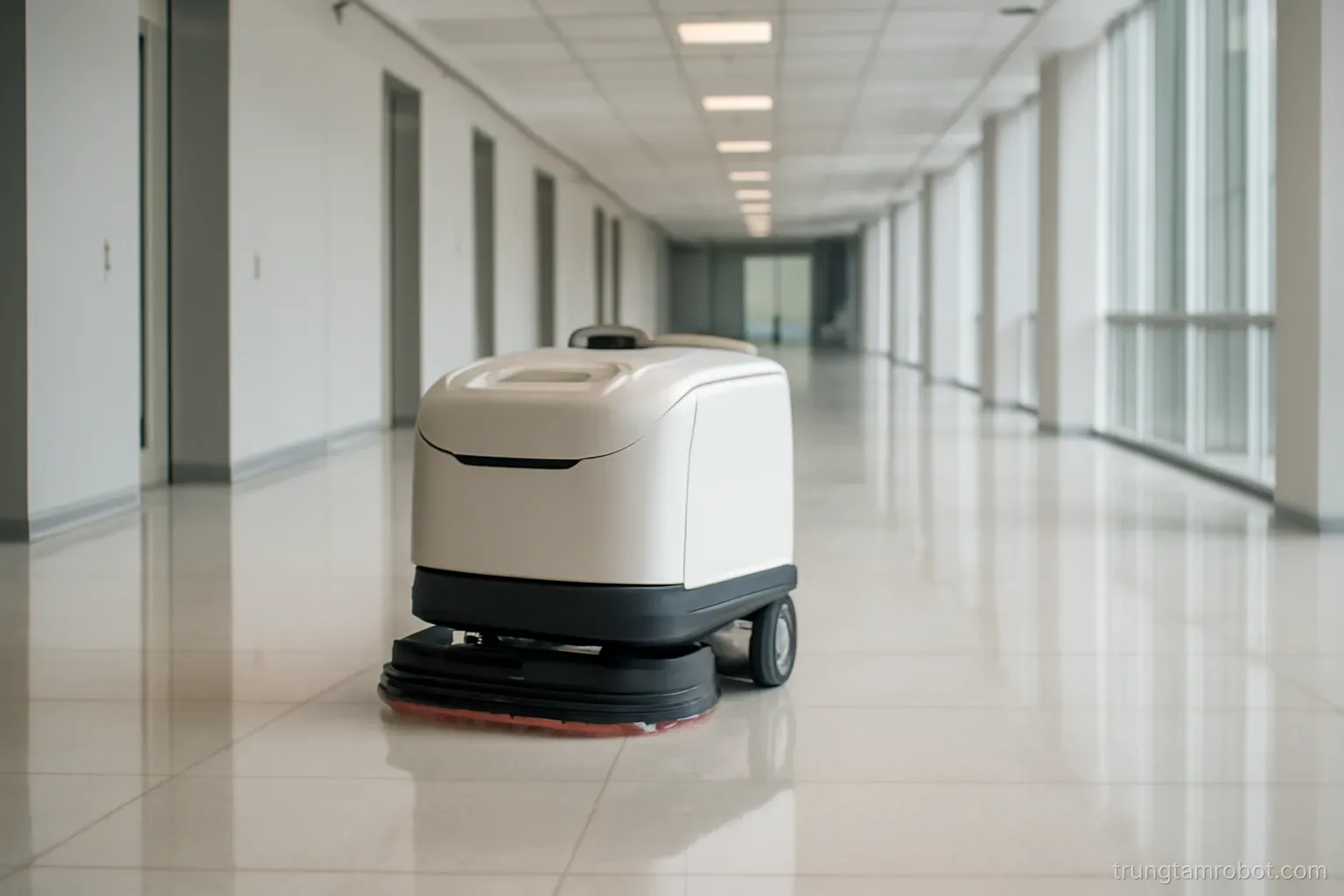 Robot lau sàn hoạt động trong hành lang toà nhà