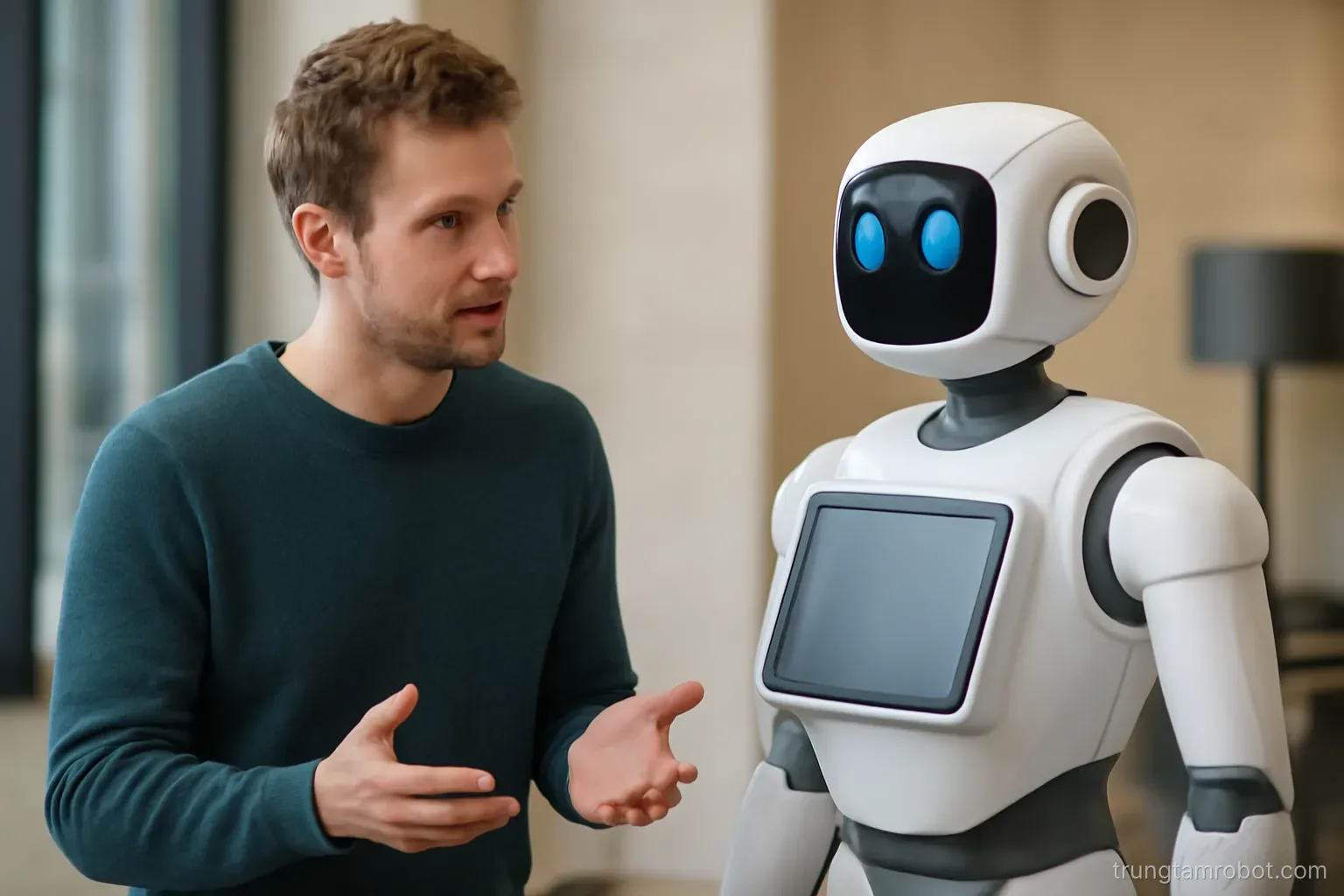 Người đang nói chuyện với robot trong không gian trong nhà
