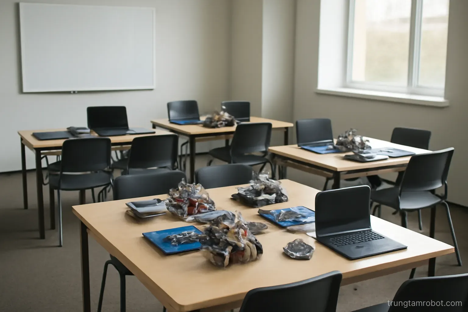Phòng học có nhiều bàn với bộ dụng cụ robot